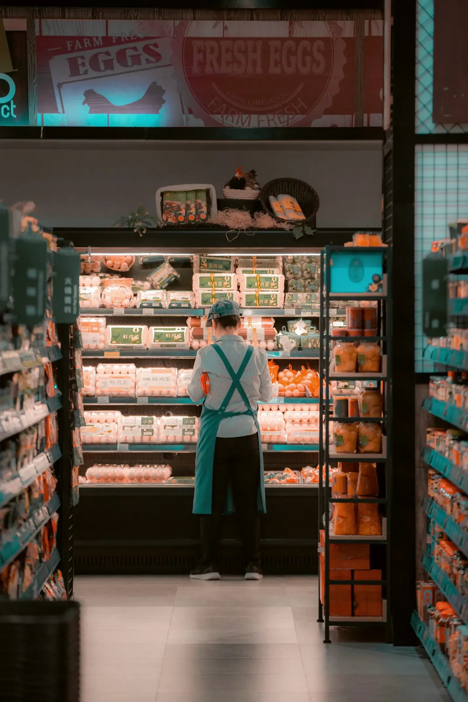 Een medewerker vult een schap in de supermarkt